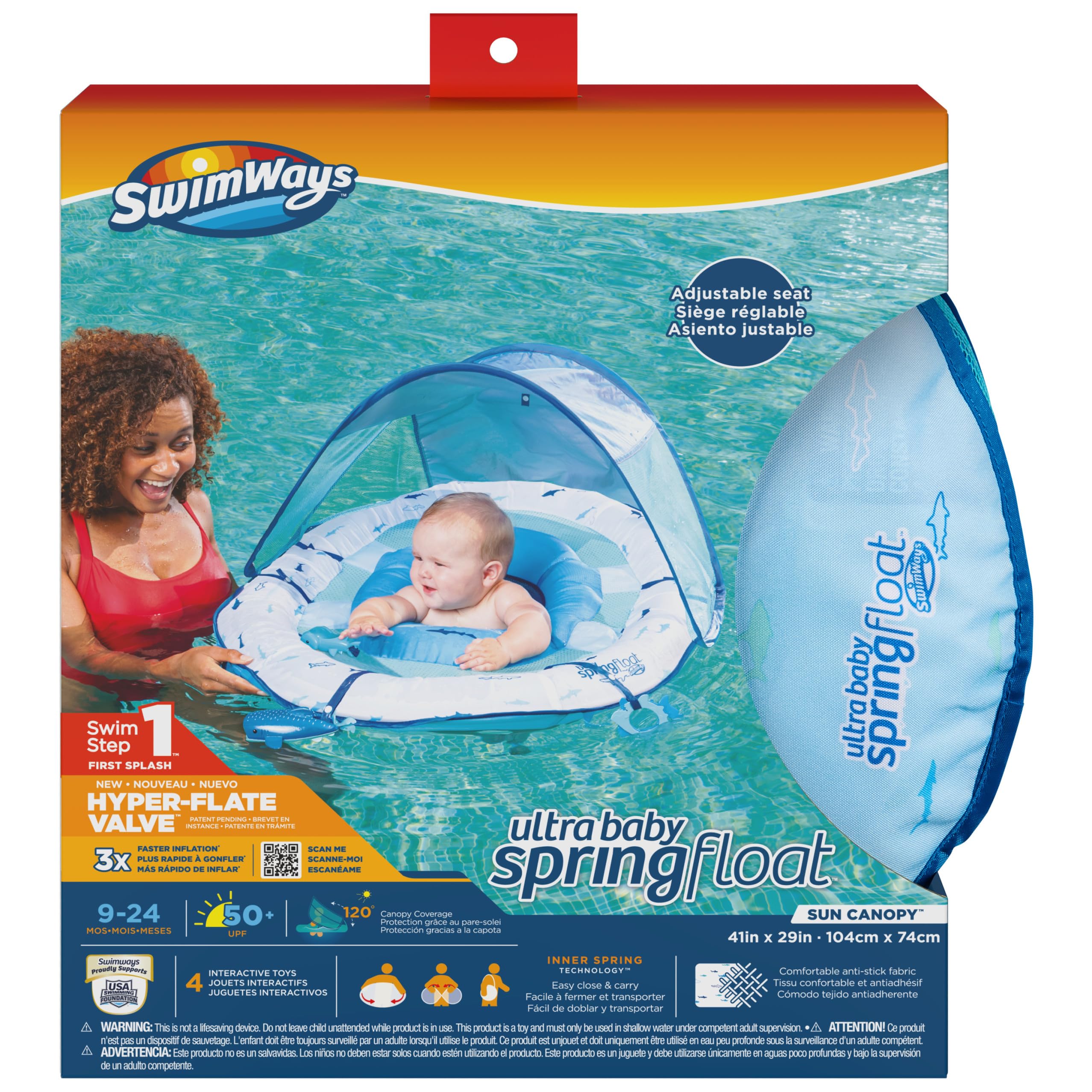 Swimways Ultra Baby Spring Float, Premium Inflatable Baby Pool Float with Sun Canopy, Fast Inflation & Carry Bag (9-24 Months), Mermaid Toys for Kids