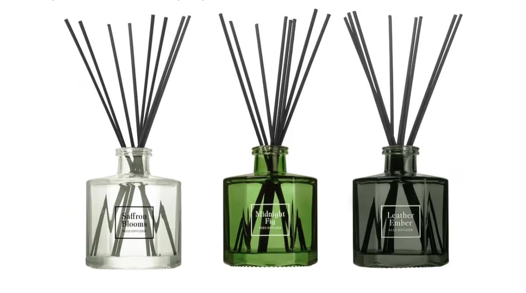 Bellevue Reed Diffuser Set, Three 6 fl oz Glass Filled Diffuser, Highly Concentrated Fragrances with Essential Oils, Home Fragrance (Leather Ember, Midnight Fig, Saffron Blooms)