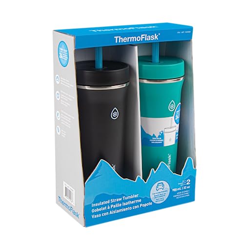ThermoFlask 32oz Insulated Standard Straw Tumbler, 2-Pack, Black/Teal Green