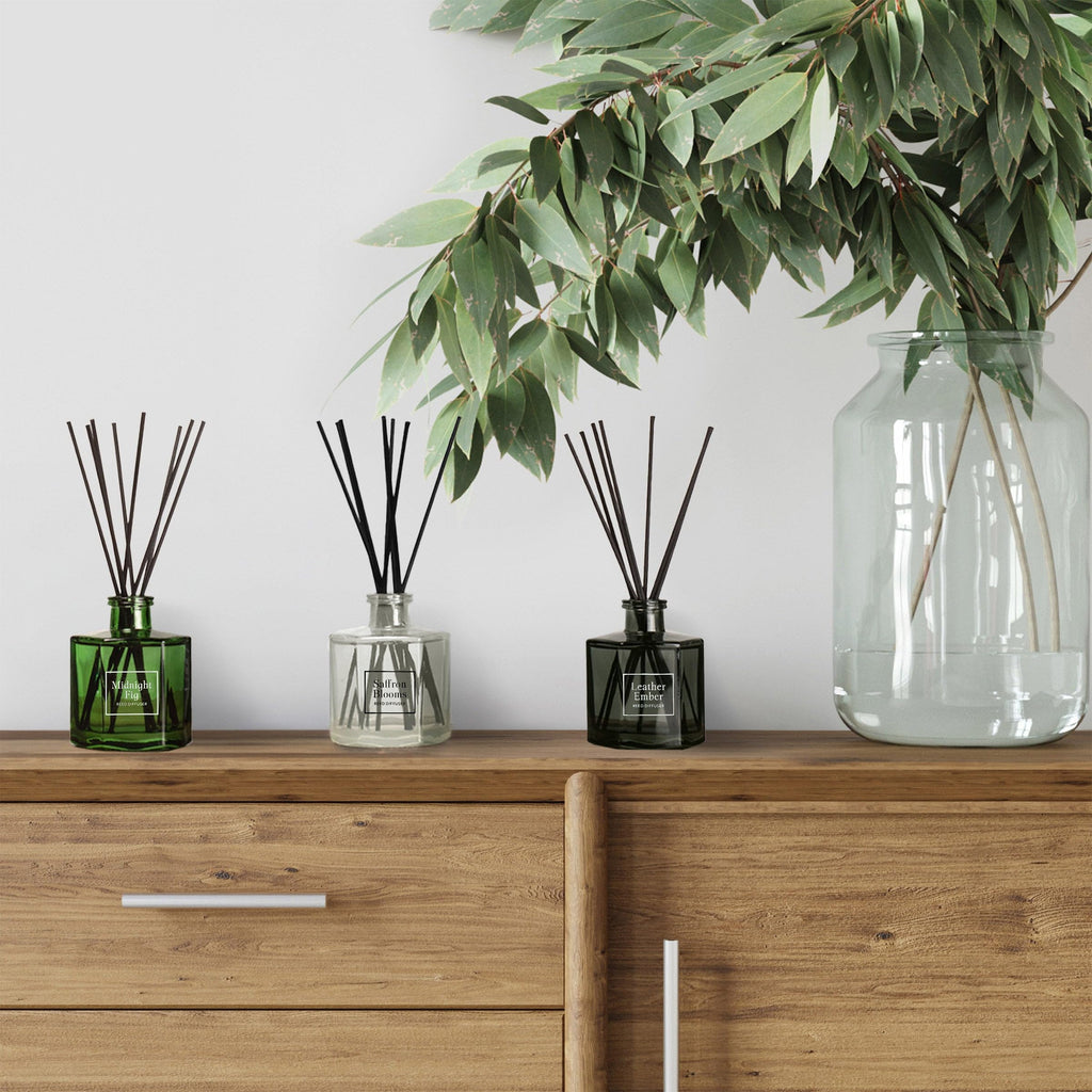 Bellevue Reed Diffuser Set, Three 6 fl oz Glass Filled Diffuser, Highly Concentrated Fragrances with Essential Oils, Home Fragrance (Leather Ember, Midnight Fig, Saffron Blooms)