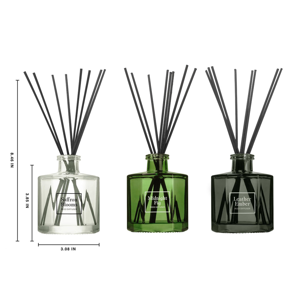Bellevue Reed Diffuser Set, Three 6 fl oz Glass Filled Diffuser, Highly Concentrated Fragrances with Essential Oils, Home Fragrance (Leather Ember, Midnight Fig, Saffron Blooms)