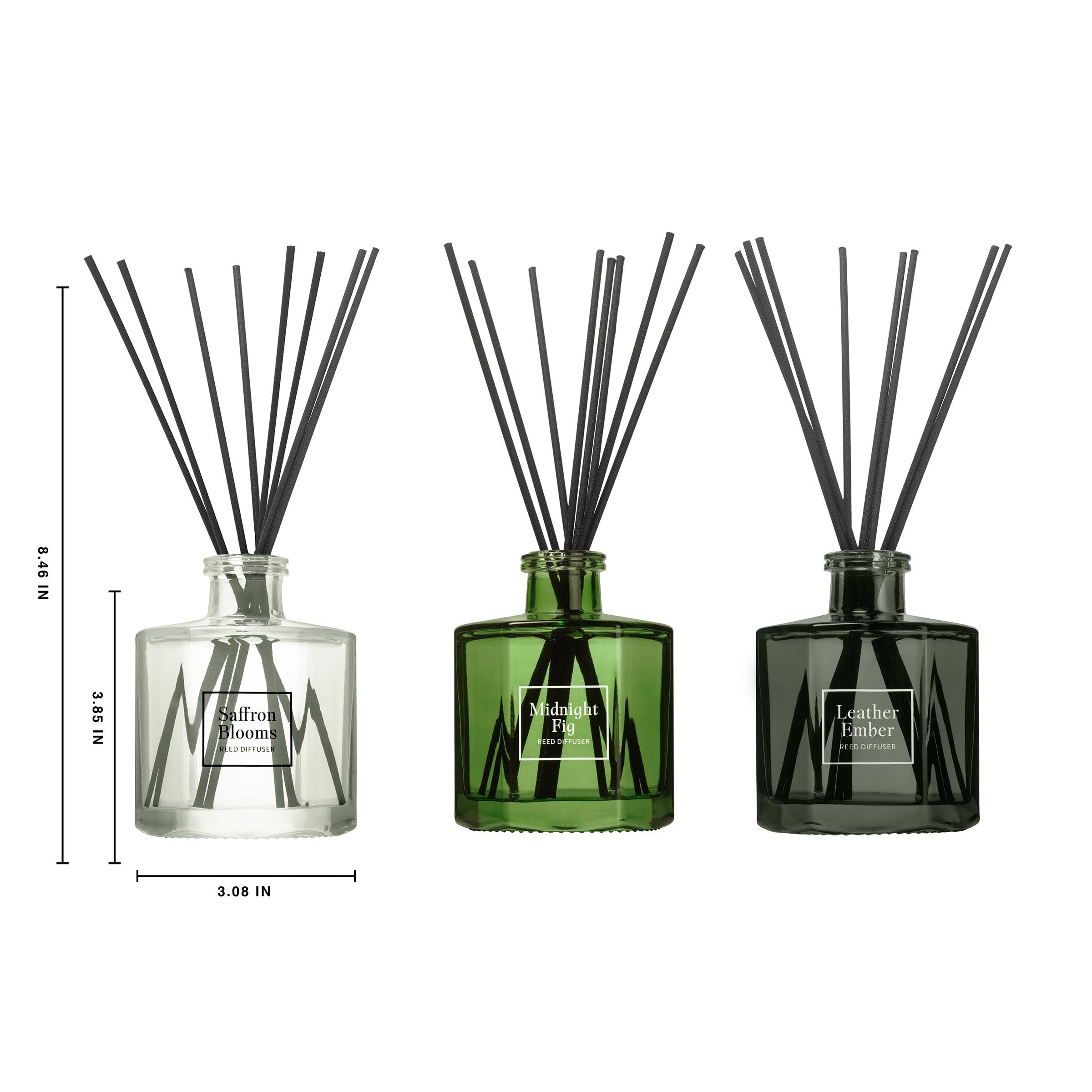 Bellevue Reed Diffuser Set, Three 6 fl oz Glass Filled Diffuser, Highly Concentrated Fragrances with Essential Oils, Home Fragrance (Leather Ember, Midnight Fig, Saffron Blooms)