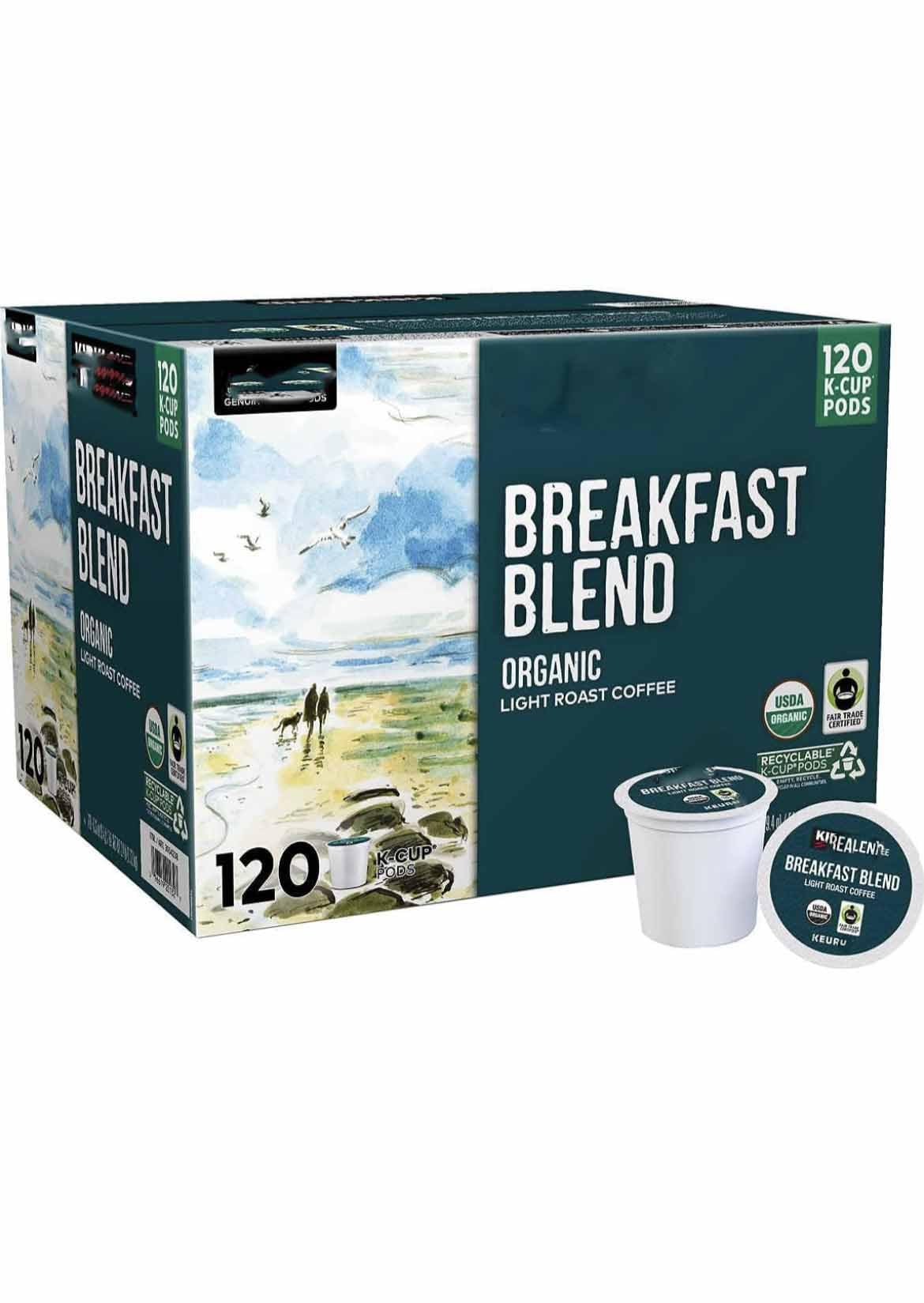 Kirkland Signature Breakfast Blend Organic Light Roast Coffee Pods (Packaging May Vary). 120 K-Ϲups