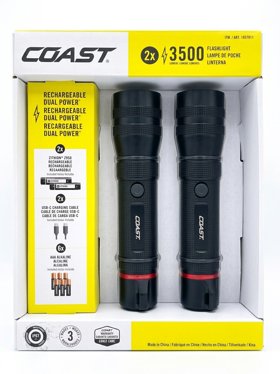 Coast CF3500 dual power rechargeable flashlights 3500 lumens 2 pack