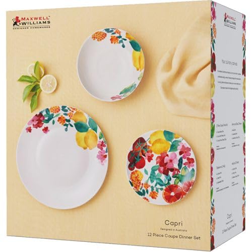 Maxwell & Williams Capri Dinnerware Set, 12-Piece (Includes 4 x dinner plates(27.5cm) and 4 x side plates(19cm) and 4 x bowls(19cm). Made from quality porcelain. Microwave and dishwasher safe)
