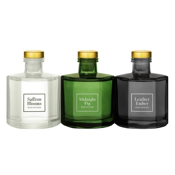 Bellevue Reed Diffuser Set, Three 6 fl oz Glass Filled Diffuser, Highly Concentrated Fragrances with Essential Oils, Home Fragrance (Leather Ember, Midnight Fig, Saffron Blooms)